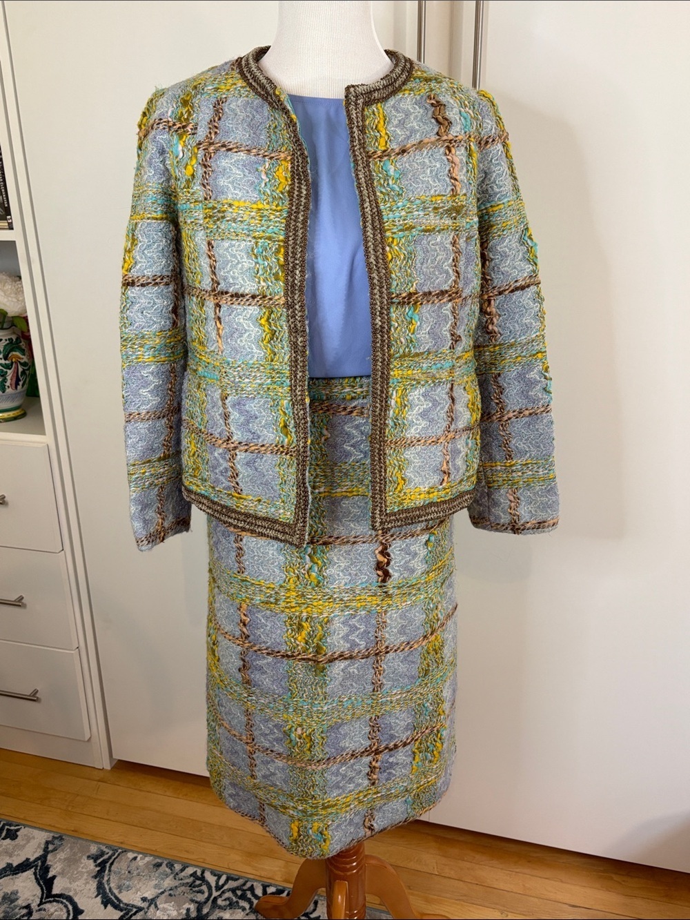 Vintage Custom-Made Two-Piece Bouclé Skirt Suit in Light Blue and Yellow Plaid